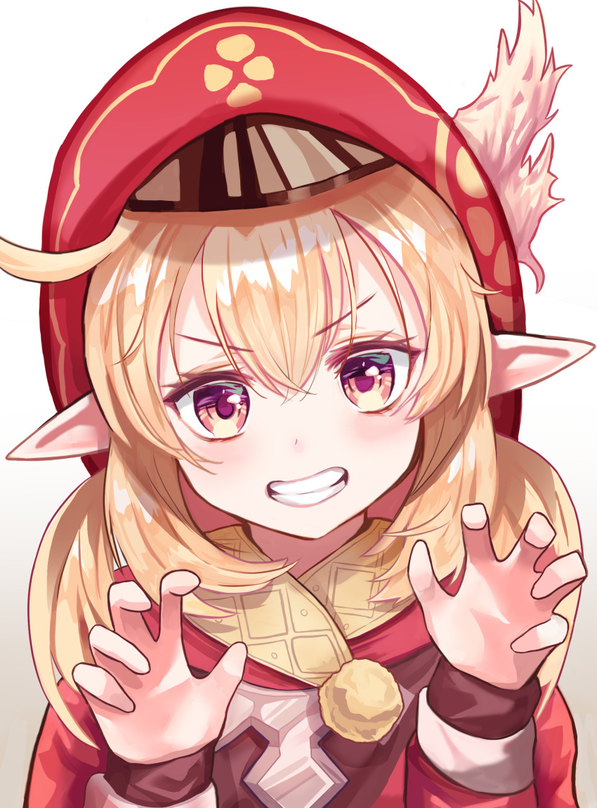 1girl absurdres beret blonde_hair child claw_pose clenched_teeth commentary dress eyebrows_visible_through_hair genshin_impact hair_between_eyes hat highres klee_(genshin_impact) long_sleeves looking_at_viewer pointy_ears red_dress red_eyes red_headwear santori smile solo teeth twintails v-shaped_eyebrows white_background