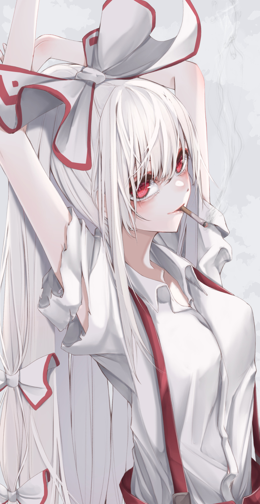 1girl absurdres arms_up blush bow breasts cigarette collarbone commentary_request eyebrows_behind_hair fall_dommmmmer fujiwara_no_mokou hair_between_eyes hair_bow highres lips long_hair looking_at_viewer medium_breasts mouth_hold pants red_eyes red_pants simple_background smoke smoking solo suspenders torn_clothes touhou two-tone_bow upper_body very_long_hair white_background white_bow white_hair