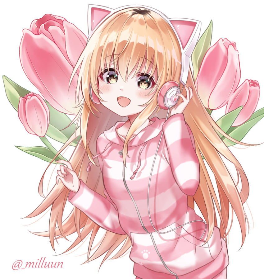 1girl blonde_hair cable cat_ear_headphones drawstring floral_background flower hand_on_headphones hands_up headphones highres hood hood_down hoodie horizontal_stripes ienaga_mugi leaf long_hair long_sleeves looking_at_viewer milluun nijisanji open_mouth paw_print_pattern pink_stripes simple_background smile solo striped tulip twitter_username very_long_hair virtual_youtuber white_background yellow_eyes