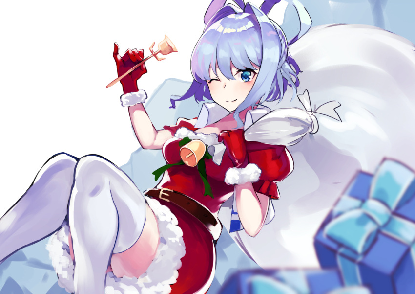 1girl ;) amano_hagoromo bag bell belt blue_eyes blue_hair blurry blurry_foreground blush bow bowtie box breasts brown_belt chisel closed_mouth commentary_request depth_of_field eyebrows_behind_hair feet_out_of_frame fur_trim gift gift_box gloves green_bow hair_between_eyes hair_intakes hair_rings highres holding holding_bag holding_stick kaku_seiga knees_up looking_at_viewer medium_breasts one_eye_closed pinky_out puffy_short_sleeves puffy_sleeves red_gloves santa_costume short_hair short_sleeves simple_background smile solo stick thigh-highs touhou vest white_background white_legwear white_vest zettai_ryouiki