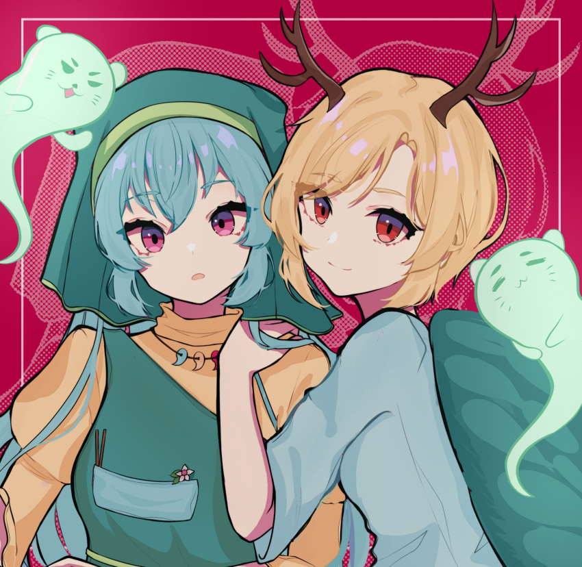 2girls antlers apron aqua_hair bangs blue_shirt commentary drop_shadow english_commentary green_headwear hand_on_another's_shoulder haniyasushin_keiki harukim_(kimharu606) head_scarf highres kicchou_yachie long_hair looking_at_viewer looking_back magatama_necklace multiple_girls open_mouth otter_spirit_(touhou) puffy_sleeves red_background red_eyes shirt short_hair touhou turtle_shell upper_body violet_eyes yellow_shirt