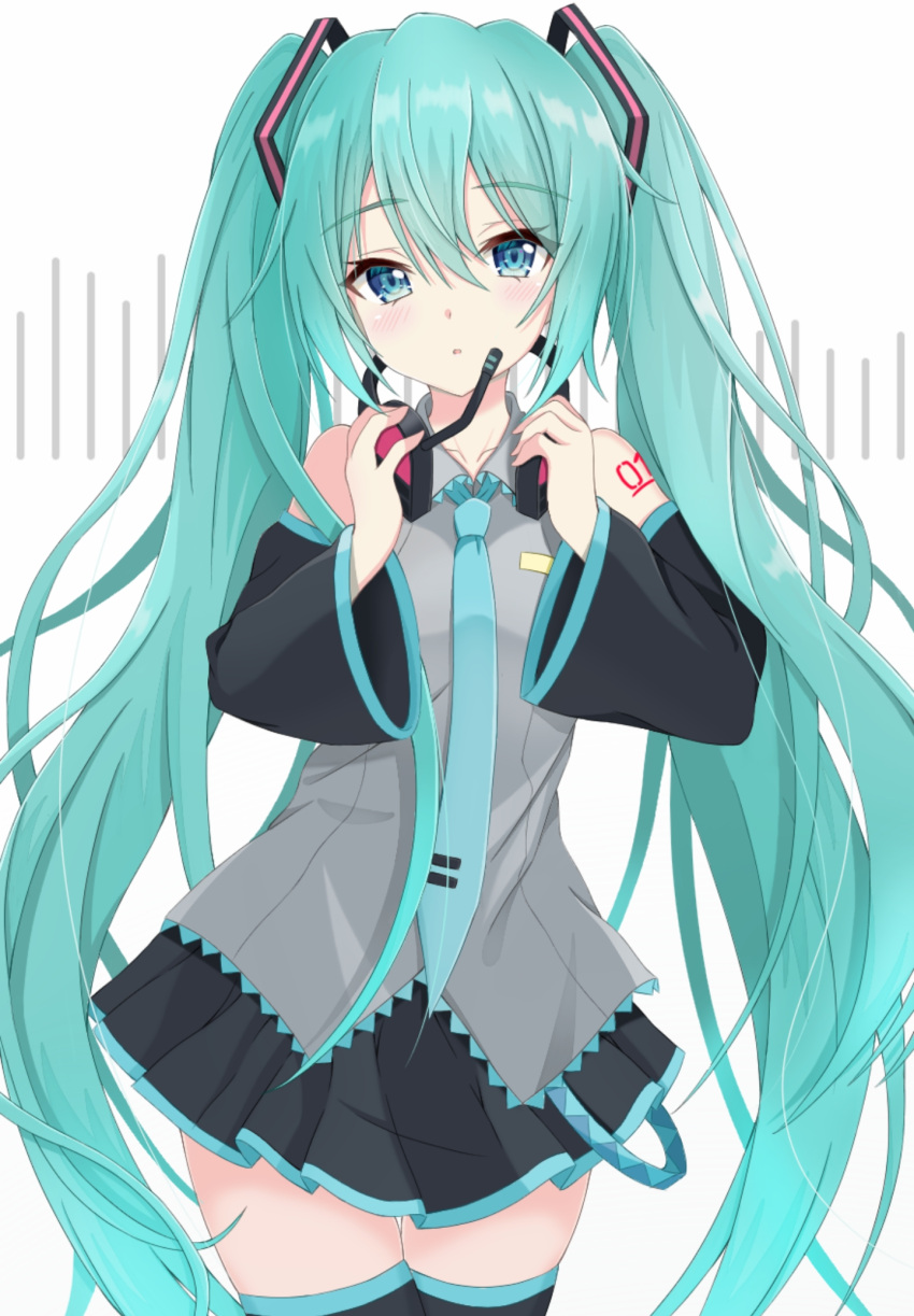 aqua_eyes aqua_hair aqua_neckwear bare_shoulders black_legwear black_skirt black_sleeves commentary cowboy_shot detached_sleeves graphic_equalizer grey_shirt hair_ornament hands_on_headphones hatsune_miku headphones headphones_around_neck headphones_removed headset highres holding holding_headphones light_blush long_hair looking_at_viewer miniskirt mochimugi_rice necktie parted_lips pleated_skirt shirt shoulder_tattoo skirt sleeveless sleeveless_shirt standing tattoo thigh-highs twintails very_long_hair vocaloid white_background zettai_ryouiki