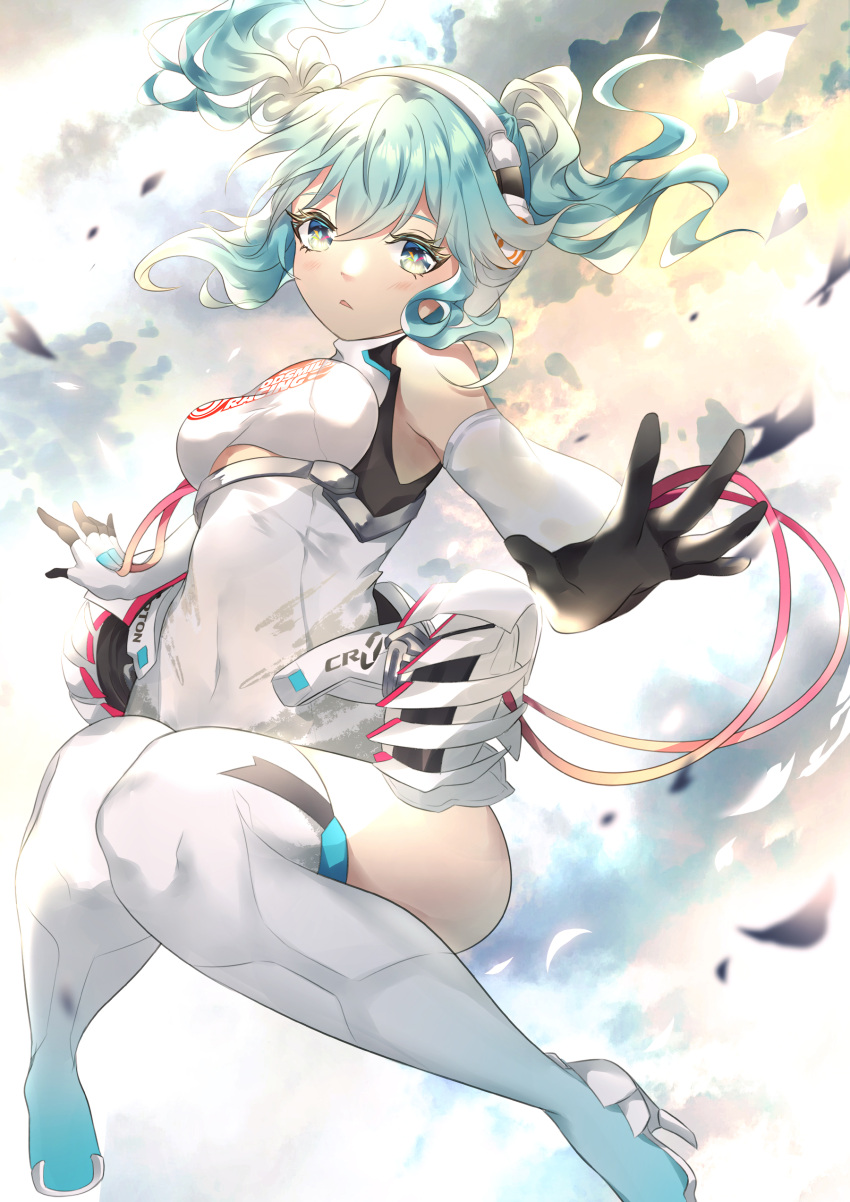 1girl absurdres aqua_eyes aqua_hair bare_shoulders black_gloves chestnut_mouth chinese_commentary clouds cloudy_sky commentary_request crypton_future_media elbow_gloves falling_petals gloves hatsune_miku headphones high_heels highres knees_together_feet_apart leotard looking_at_viewer medium_hair outstretched_arms parted_lips petals racing_miku racing_miku_(2014) rhea_(0u0) sky solo thigh-highs twintails two-tone_gloves vocaloid white_gloves white_legwear white_leotard