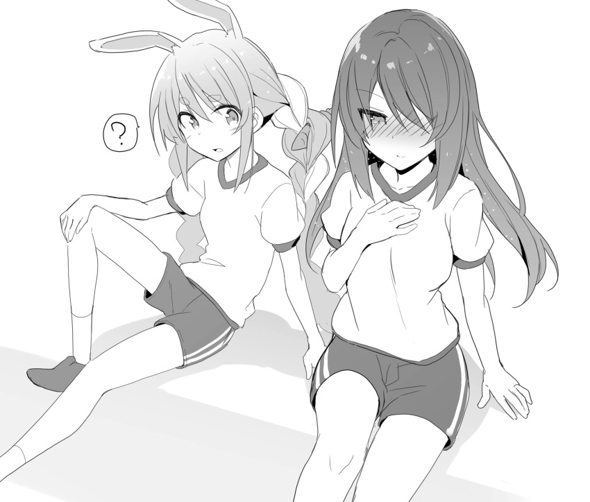 2girls ? animal_ears arm_support blush breasts carrot cropped_legs greyscale gym_shirt gym_shorts gym_uniform hand_on_own_chest highres hololive hololive_indonesia knee_up knees light_smile long_hair looking_at_another medium_breasts monochrome moona_hoshinova multicolored_hair multiple_girls rabbit_ears shirt shorts simple_background sitting small_breasts spoken_question_mark starry_hair tsurime twintails two-tone_hair very_long_hair white_background xiaowei_(xxx29042536)