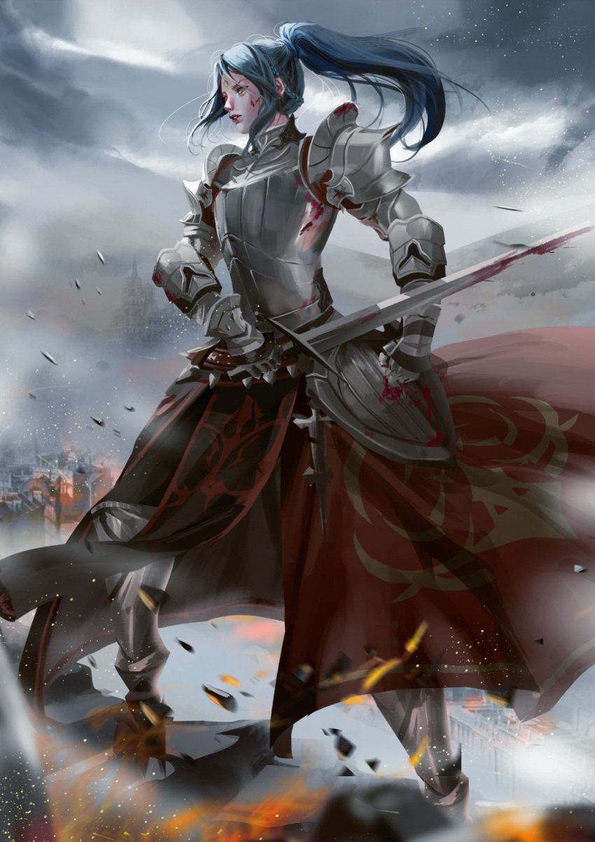 1girl armor battle blood blue_hair braid breastplate commission decima_velanox final_fantasy final_fantasy_xiv garlean gauntlets greaves highres holding holding_sword holding_weapon lips long_hair parted_lips ponytail profile shoulder_armor solo sword third_eye weapon wind windami yellow_eyes