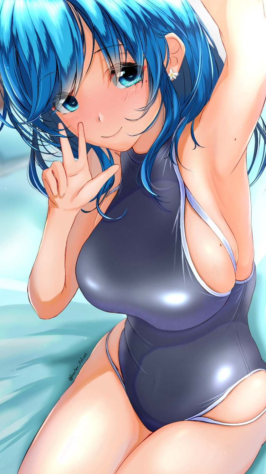1girl armpits blue_eyes blue_hair breasts commentary_request competition_swimsuit cowboy_shot garter-velvet grey_swimsuit highres large_breasts long_hair looking_at_viewer one-piece_swimsuit original self_shot sideboob sitting smile solo swimsuit v