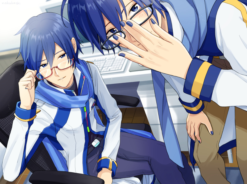 2boys adjusting_eyewear belt bespectacled blue_eyes blue_hair blue_nails blue_pants blue_scarf brown_pants cabinet chair coat commentary computer desk dual_persona glasses hand_on_own_knee indoors kaito kaito_(vocaloid3) keyboard_(computer) leaning_forward looking_at_viewer male_focus mouse_(computer) mousepad_(object) multiple_boys nokuhashi office_chair pants parted_lips red-tinted_eyewear scarf semi-rimless_eyewear sitting smile standing vocaloid white_coat wooden_floor