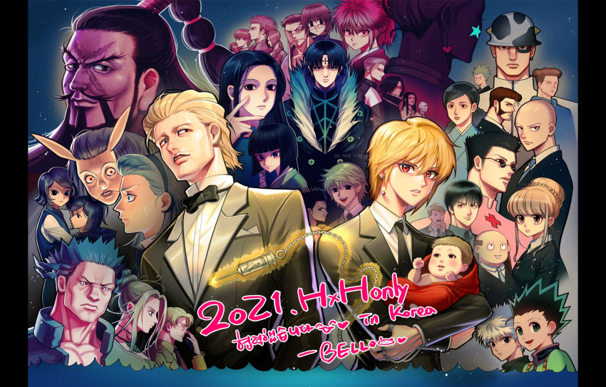 2021 6+boys 6+girls alternate_costume animal_ears baby bald beard bello_(kurobina_bellon) beyond_netero black_suit blonde_hair bonorenofu bow bowl_cut bowtie character_request chrollo_lucilfer english_text everyone facial_hair facing_away feitan forehead_tattoo formal franklin fur-trimmed_jacket fur_trim gon_freecss hair_slicked_back hanzo_(hunter_x_hunter) highres hisoka_morow hunter_x_hunter illumi_zoldyck jacket kalluto_zoldyck killua_zoldyck korutopi kurapika leorio_paladiknight long_hair machi_(hunter_x_hunter) multiple_boys multiple_girls nobunaga_hazama pakunoda phinx rabbit_ears red_eyes round_eyewear scar scar_on_face senritsu shalnark shizuku_(hunter_x_hunter) short_hair spiky_hair suit ubogin