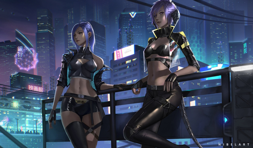 2girls au_ra belt breasts building city commission cropped_jacket cyberpunk decima_velanox dragon_horns dragon_tail fictional_persona final_fantasy final_fantasy_xiv fingerless_gloves garlean gloves horns medium_breasts midriff multiple_girls navel nibelart pants ponytail purple_hair scales science_fiction see-through short_hair sin_faye single_thighhigh small_breasts tail thigh-highs third_eye tight tight_pants yellow_eyes