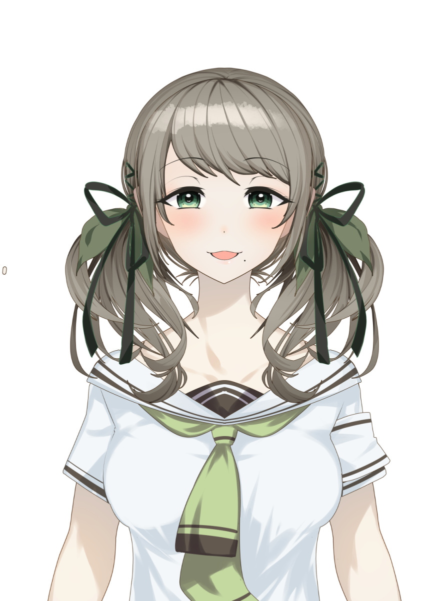 1girl :3 bangs blush breasts brown_hair cluseller collarbone commentary english_commentary eyebrows_visible_through_hair green_eyes green_neckwear green_ribbon hair_ribbon half-closed_eyes happy highres hinamizawa_kurumi looking_at_viewer medium_breasts mole mole_under_mouth neckerchief open_mouth pygmalion._(group) ribbon school_uniform shiny shiny_hair shirt short_sleeves sidelocks simple_background smile solo swept_bangs tied_hair twintails upper_body white_background white_shirt