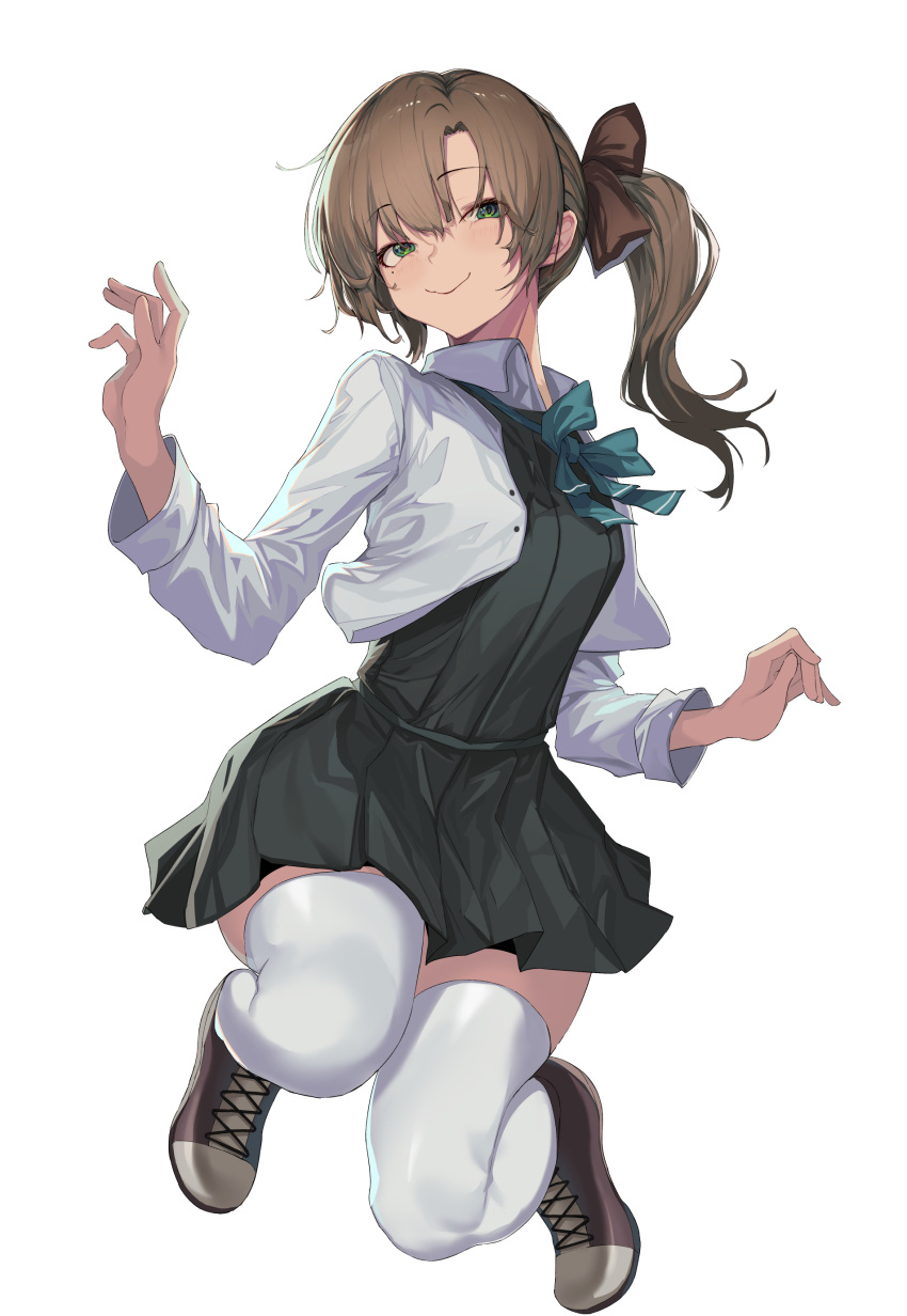 1girl absurdres akigumo_(kantai_collection) aqua_bow aqua_neckwear bangs black_dress blush bow bowtie breasts brown_hair closed_mouth dress eyebrows_visible_through_hair full_body green_eyes hair_between_eyes highres kantai_collection long_hair long_sleeves mole mole_under_eye oweee pleated_dress ponytail remodel_(kantai_collection) simple_background smile solo thigh-highs white_background white_legwear