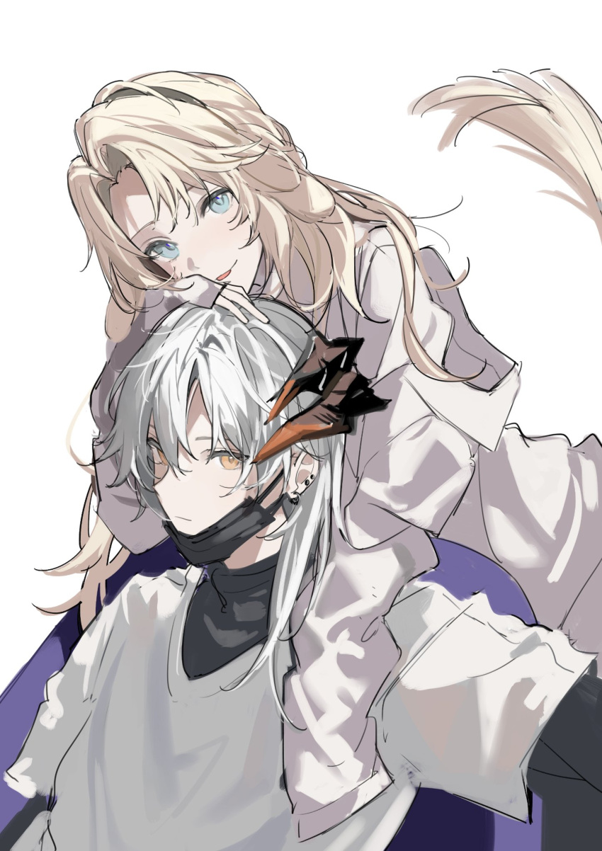 2girls animal_ears arknights bangs black_shirt blonde_hair blush dog_ears dog_girl dog_tail dragon_girl dragon_horns earclip floppy_ears grey_hair hand_on_another's_head highres horns joshua_(shisanli934) kirsten_(arknights) layered_sleeves long_hair long_sleeves looking_at_viewer mask mask_pull mouth_mask multiple_girls saria_(arknights) shirt short_sleeves simple_background sweater tail tongue tongue_out undershirt white_background white_jacket white_shirt white_sweater yellow_eyes yuri
