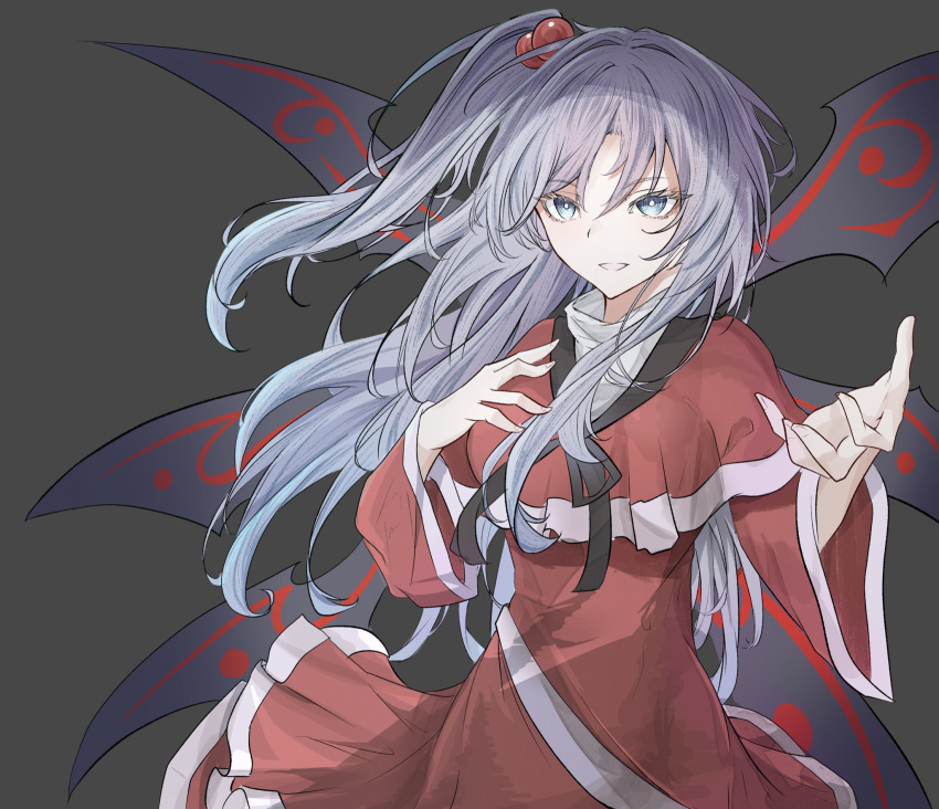 1girl blue_eyes breasts bright_pupils capelet dress eyebrows_visible_through_hair grey_background hair_between_eyes hair_bobbles hair_ornament hegata_(hegatia_lapis) highres long_hair medium_breasts one_side_up parted_lips red_dress shinki silver_hair simple_background sleeves_past_elbows smile solo standing touhou tsurime turtleneck upper_body wide_sleeves wings