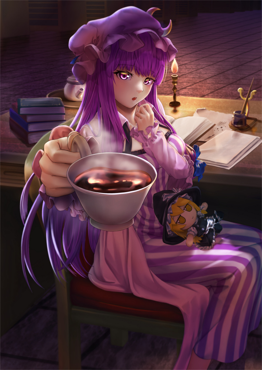 1girl :o absurdres blue_bow blue_ribbon book book_stack bookshelf bow breasts candle chair character_doll clip_studio_paint_(medium) commentary_request crescent crescent_moon_pin cup desk eyebrows_visible_through_hair giving hat hat_ribbon highres incoming_drink ink_bottle kashiwagi_(pixiv35005989) kirisame_marisa library light long_hair long_sleeves looking_at_viewer medium_breasts mob_cap open_book open_mouth paper patchouli_knowledge plate purple_hair ribbon sitting solo steam striped_clothes stuffed_toy tea teacup teapot tile_floor tiles touhou very_long_hair violet_eyes