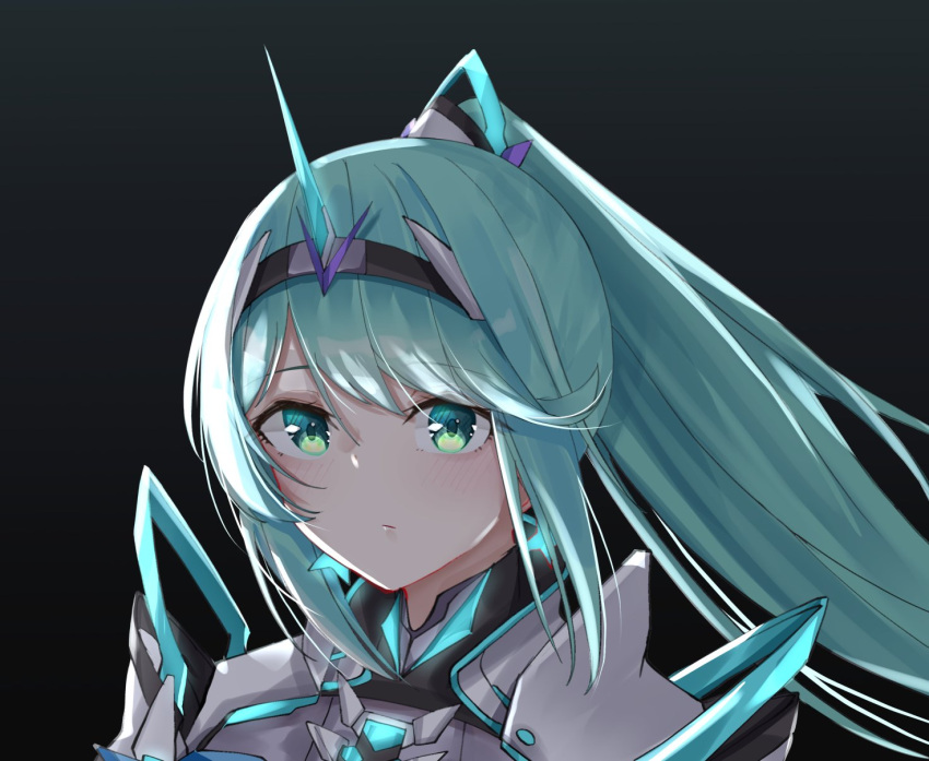 1girl bangs black_background chest_jewel green_eyes green_hair highres long_hair long_ponytail looking_at_viewer pneuma_(xenoblade) ponytail portrait sarasadou_dan solo swept_bangs tiara xenoblade_chronicles_(series) xenoblade_chronicles_2