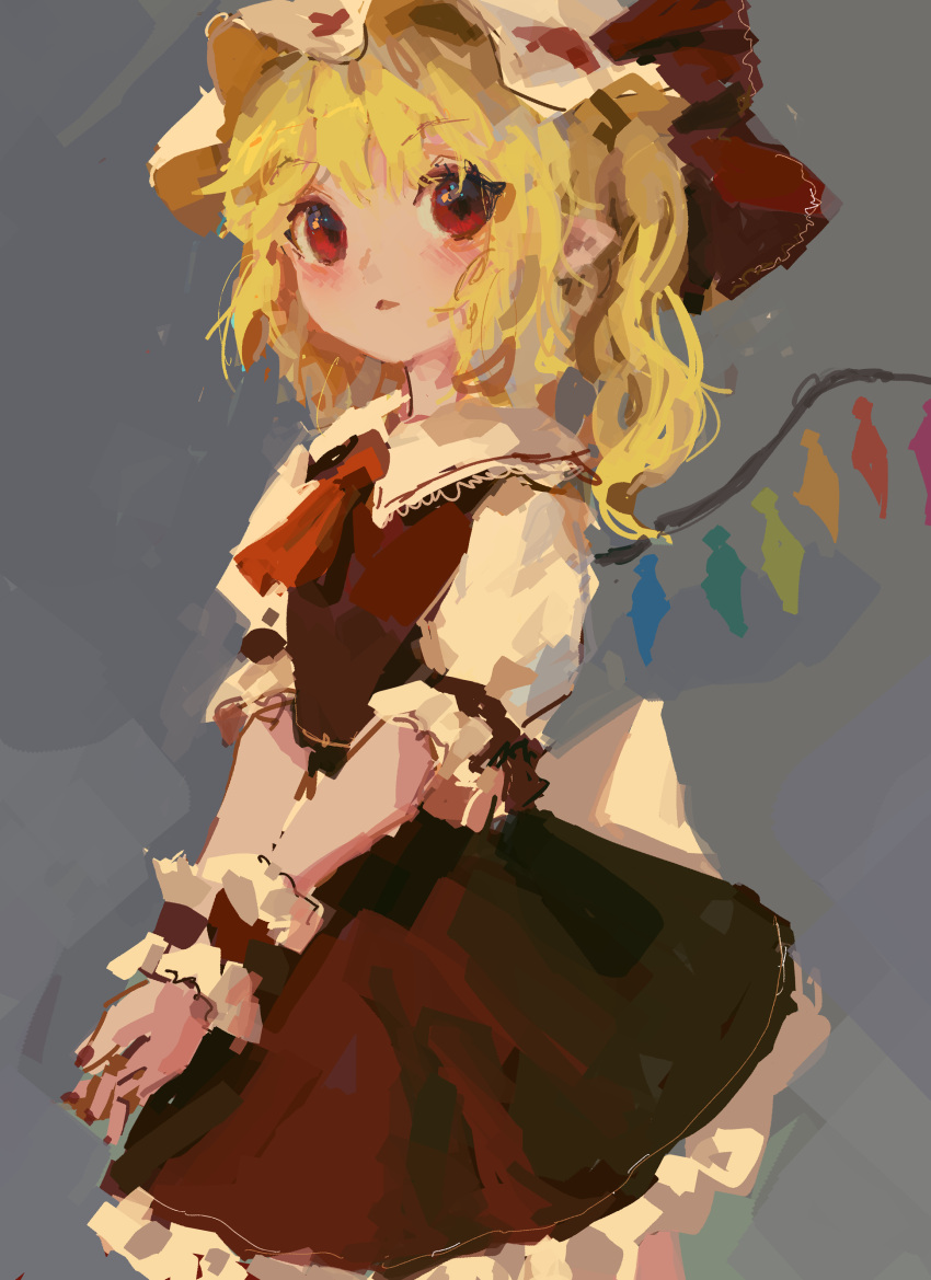 1girl absurdres ascot bangs blonde_hair blush bow collared_shirt cowboy_shot eyebrows_visible_through_hair eyes_visible_through_hair flandre_scarlet frilled_cuffs frilled_sleeves frills from_side grey_background hands_clasped hat hat_bow highres lace_trim large_bow long_hair looking_at_viewer looking_to_the_side mob_cap nail_polish no_lineart own_hands_together parted_lips petticoat pointy_ears puffy_short_sleeves puffy_sleeves red_bow red_eyes red_nails red_neckwear red_skirt red_vest reddizen shirt short_sleeves side_ponytail simple_background skirt skirt_set solo touhou v_arms vest wavy_hair white_bow white_shirt wing_collar wrist_cuffs