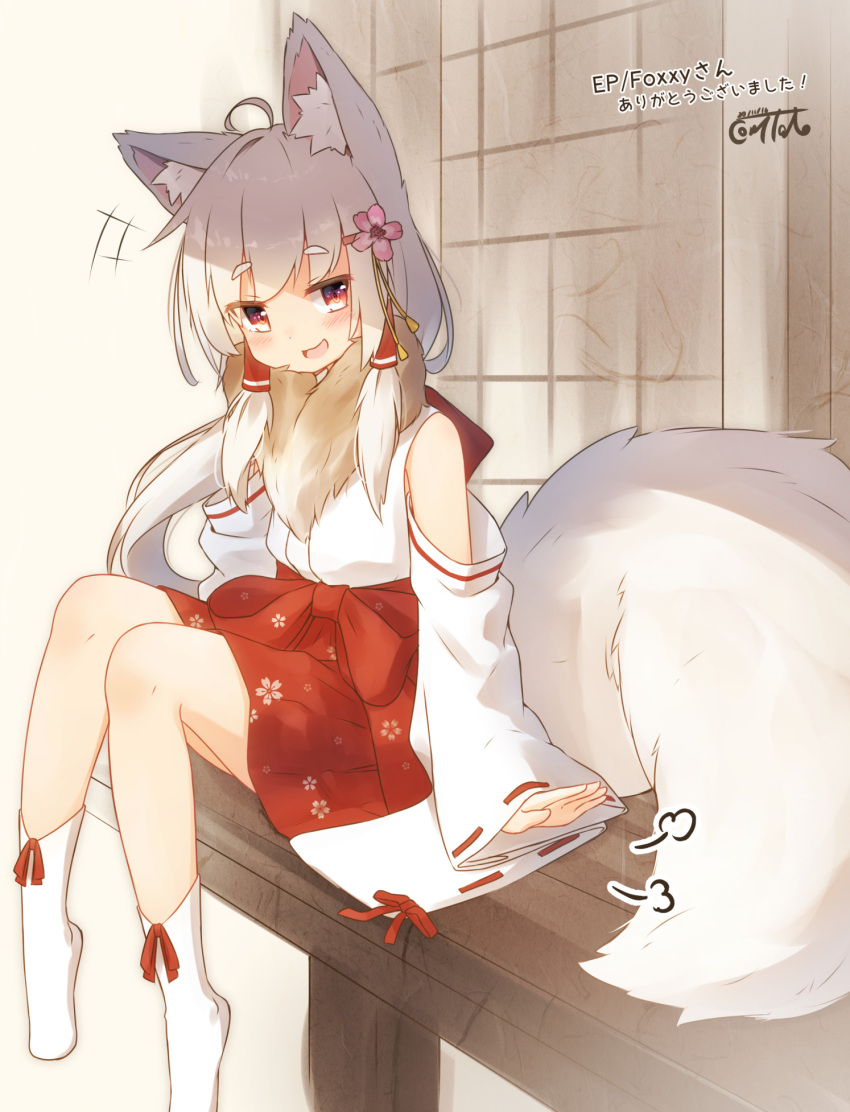 +++ 1girl :d ahoge animal_ear_fluff animal_ears bangs bare_shoulders blush commentary_request coreytaiyo dated detached_sleeves eyebrows_visible_through_hair flower fox_ears fox_girl fox_tail fur_collar hair_flower hair_ornament hakama hakama_skirt highres japanese_clothes kimono long_sleeves looking_at_viewer miko no_shoes open_mouth original pink_flower red_eyes red_hakama ribbon-trimmed_sleeves ribbon_trim short_eyebrows signature sleeveless sleeveless_kimono sleeves_past_wrists smile socks solo tail thick_eyebrows translation_request white_kimono white_legwear white_sleeves wide_sleeves