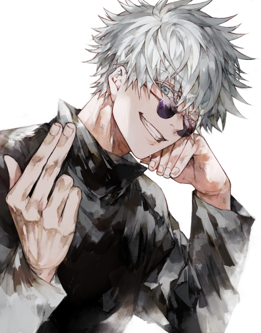 1boy bangs black_jacket blue_eyes chin_rest gojou_satoru grin hair_between_eyes hand_up hands_up high_collar highres jacket jujutsu_kaisen long_sleeves looking_at_viewer male_focus one_eye_closed round_eyewear short_hair simple_background smile solo sunglasses upper_body waltz_(tram) white_background white_hair