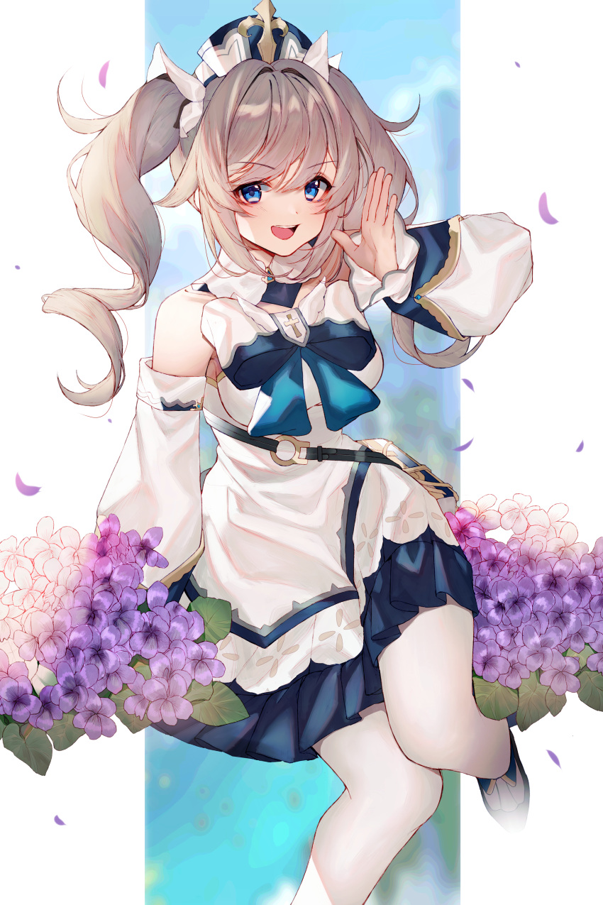 1girl absurdres barbara_(genshin_impact) blonde_hair blue_eyes bow bowtie cross detached_sleeves dress drill_hair frilled_dress frills genshin_impact hair_ornament hat highres huge_filesize latin_cross long_sleeves open_mouth pantyhose petals smile tia_(tia_1207) twin_drills twintails white_dress white_legwear