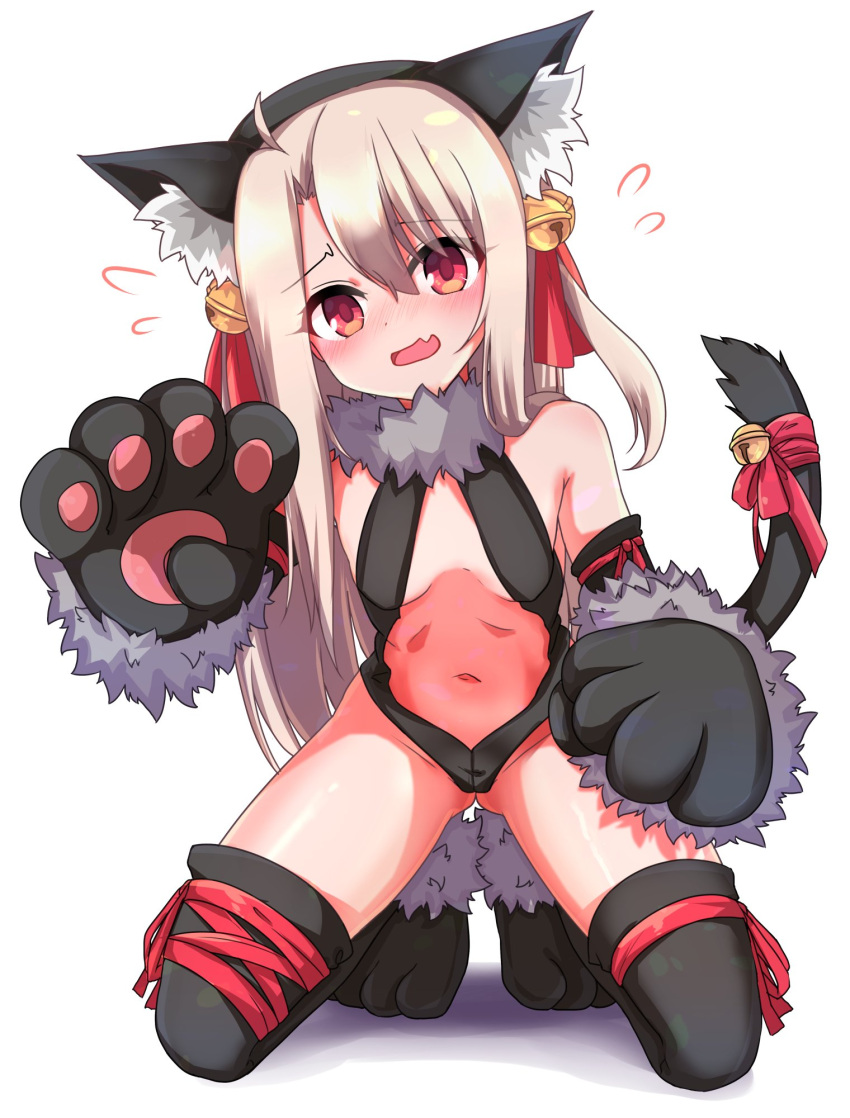 1girl animal_ears armpits arms_up bangs bare_shoulders bell black_gloves black_leotard blonde_hair blush breasts cat_ears cat_tail center_opening chawan_(yultutari) elbow_gloves fate/kaleid_liner_prisma_illya fate_(series) flying_sweatdrops fur_collar gloves hair_ribbon highleg highleg_leotard highres illyasviel_von_einzbern jingle_bell kneeling leotard long_hair looking_at_viewer navel open_mouth paw_gloves paws red_eyes red_ribbon ribbon simple_background small_breasts solo tail white_background