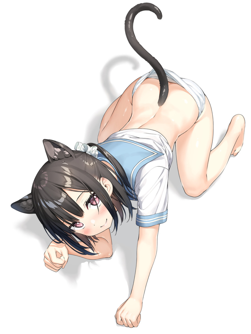 1girl all_fours animal_ears ass barefoot black_hair blush cat_ears cat_tail closed_mouth from_above full_body hair_ornament hair_scrunchie head_tilt highres kantoku kemonomimi_mode looking_at_viewer no_pants one_side_up original panties paw_pose sailor_collar sailor_shirt scrunchie shadow shirt shizuku_(kantoku) simple_background smile solo tail underwear violet_eyes white_background white_panties