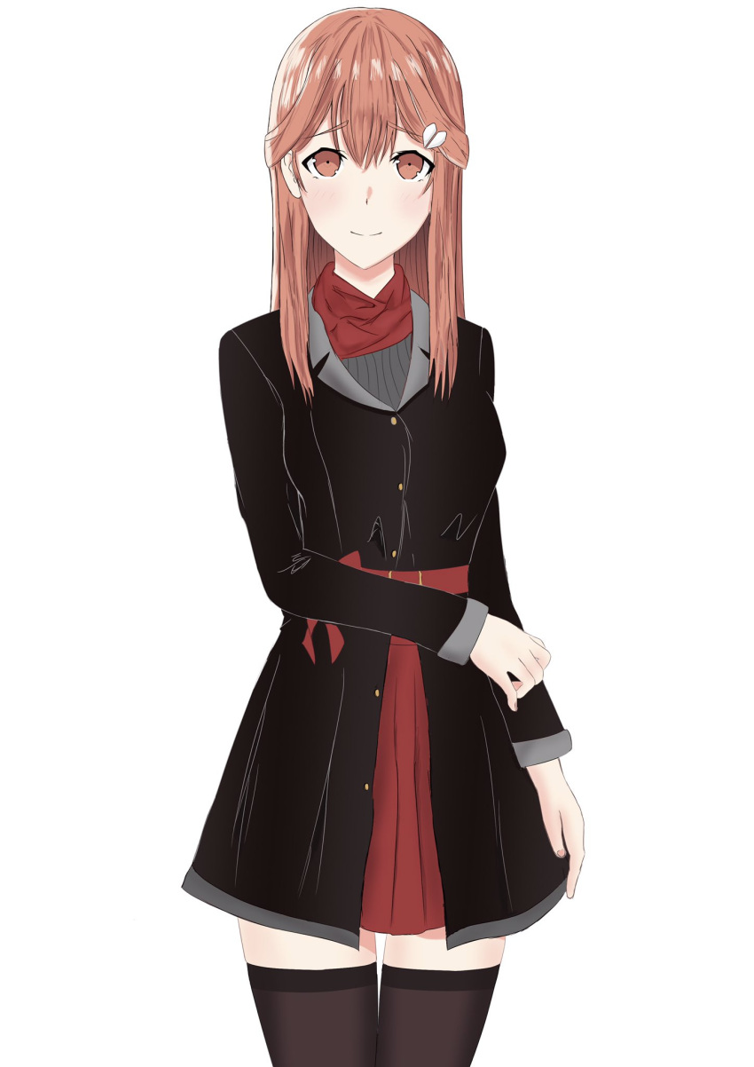 belt black_coat brown_eyes brown_hair coat evalence eyebrows_visible_through_hair hair_ornament hairclip highres jacket long_hair looking_at_viewer red_ribbon red_scarf red_skirt ribbon scarf skirt smile thigh-highs thighs white_background