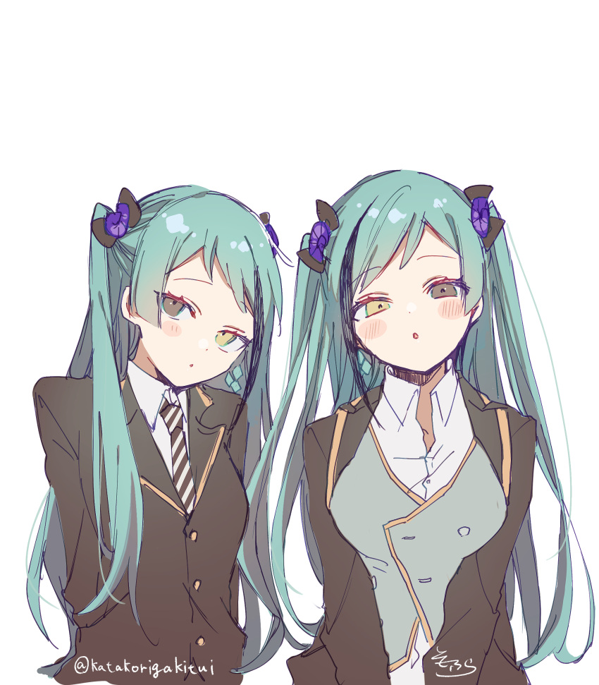 2girls :o absurdres black_bow black_jacket blazer blush bow breasts brown_eyes collared_shirt diagonal-striped_neckwear diagonal_stripes dress_shirt floyd_leech genderswap genderswap_(mtf) green_hair green_vest grey_eyes hair_bow heterochromia highres jacket jade_leech long_hair looking_at_viewer medium_breasts multiple_girls necktie open_blazer open_clothes open_jacket parted_lips school_uniform shirt signature simple_background sofra striped striped_neckwear twisted_wonderland twitter_username two_side_up upper_body very_long_hair vest white_background white_shirt