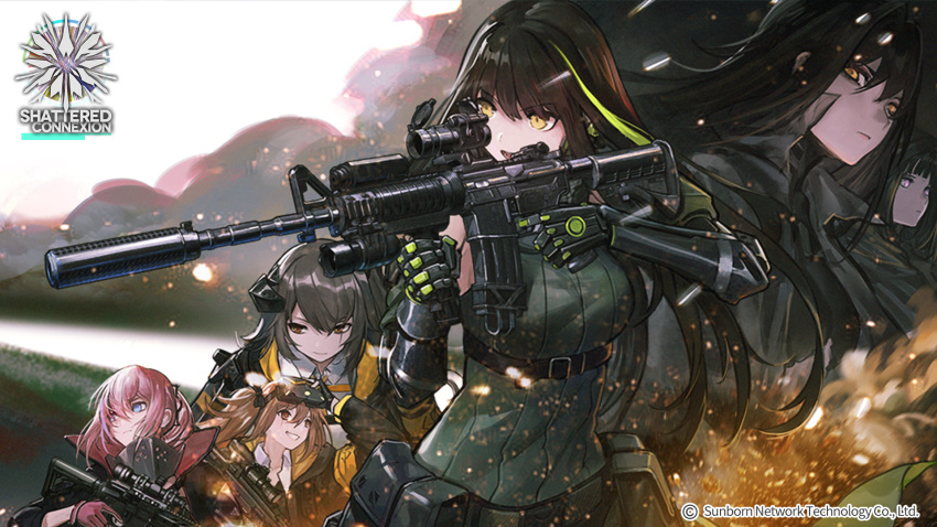 6+girls ar-15 assault_rifle bangs breasts brown_eyes brown_hair closed_mouth dress eyebrows_visible_through_hair girls_frontline gloves goggles goggles_on_head green_eyes green_hair grey_hair gun hair_between_eyes hair_ornament hairclip headphones highres holding holding_gun holding_weapon jacket jun_(5455454541) long_hair looking_at_viewer m4_carbine m4a1_(girls_frontline) mod3_(girls_frontline) multicolored_hair multiple_girls official_art one_side_up open_mouth pink_hair ponytail ribbon rifle scar scar_across_eye sidelocks st_ar-15_(girls_frontline) streaked_hair twintails ump45_(girls_frontline) ump9_(girls_frontline) watermark weapon yellow_eyes