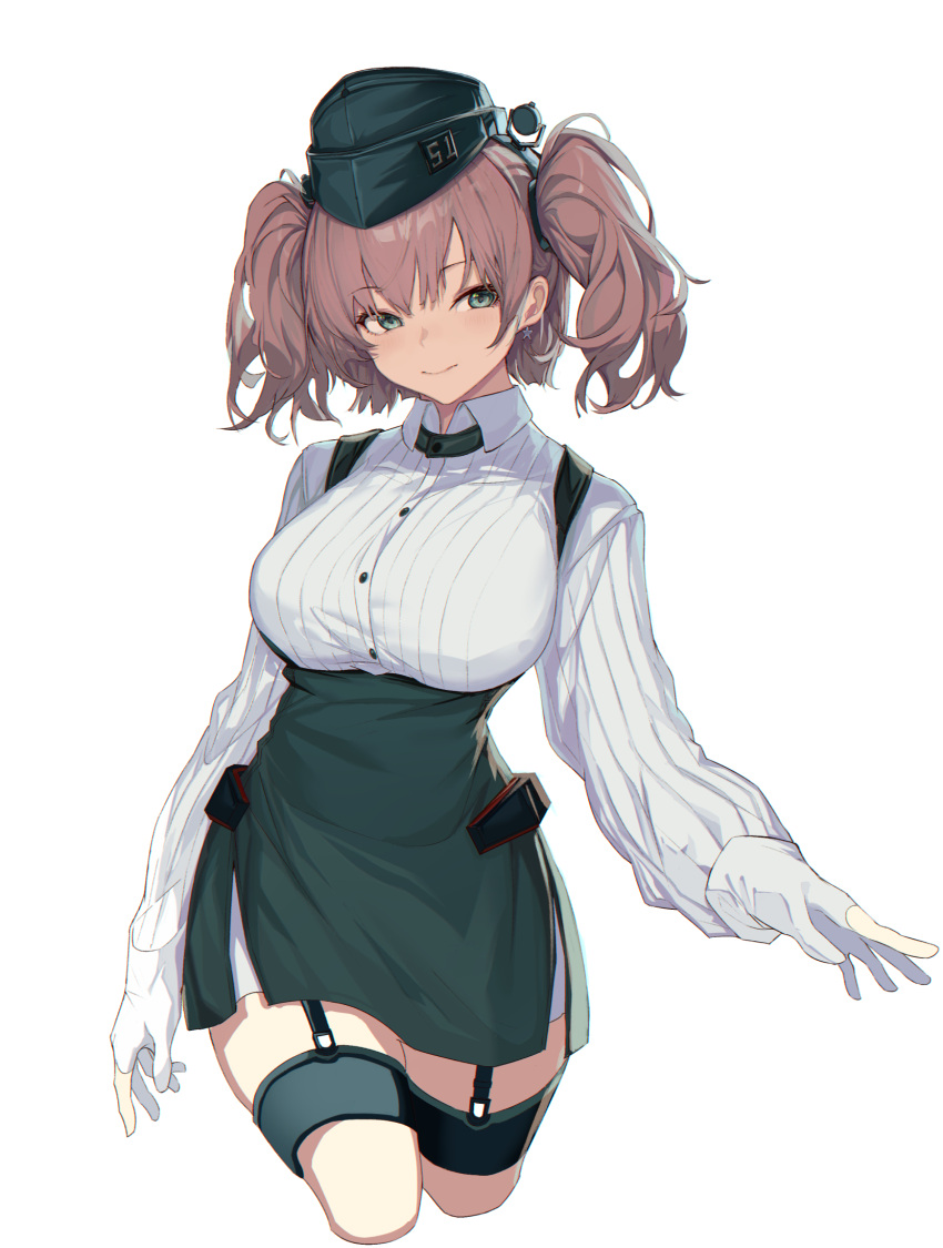 1girl atlanta_(kantai_collection) bangs black_headwear black_skirt breasts brown_hair cowboy_shot cropped_legs dress_shirt garrison_cap garter_straps gloves grey_eyes hat high-waist_skirt highres kantai_collection large_breasts long_hair long_sleeves oweee partially_fingerless_gloves shirt simple_background skirt solo suspender_skirt suspenders thigh_strap two_side_up white_background white_shirt