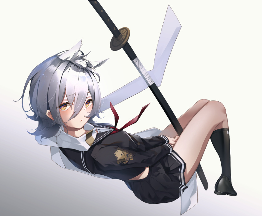 1girl azur_lane black_legwear black_sailor_collar black_skirt eyebrows_visible_through_hair hair_between_eyes highres ka11_ca looking_at_viewer looking_back maya_(azur_lane) pleated_skirt red_neckwear sailor_collar scarf sheath sheathed short_hair skirt socks solo white_background white_hair white_scarf yellow_eyes