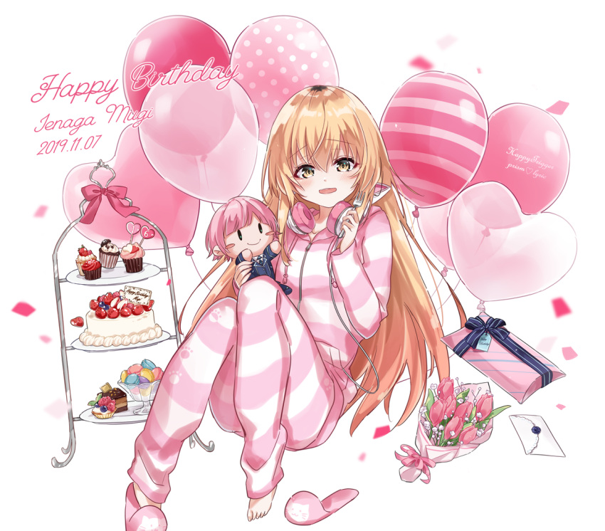 1girl 2girls animal_print balloon blonde_hair blue_ribbon bouquet bow cable cake cat_ear_headphones cat_print character_doll character_name character_request confetti cupcake dated drawstring envelope flower food fruit gift gradient_hair grin hand_on_headphones happy_birthday headphones headphones_around_neck heart_balloon hood hood_down hoodie horizontal_stripes ienaga_mugi invisible_floor knees_up long_hair long_sleeves looking_at_viewer milluun multicolored_hair multiple_girls nijisanji paw_print_pattern pink_stripes polka_dot_balloon red_bow ribbon sign simple_background slippers smile solo strawberry striped tag tiered_tray toenails tulip very_long_hair virtual_youtuber wax_seal white_background yellow_eyes yuuhi_riri