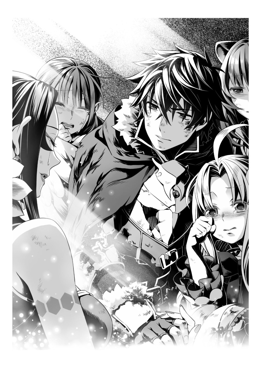 1boy 4girls ahoge animal_ears blood blood_on_face border closed_eyes crying firo_(tate_no_yuusha_no_nariagari) greyscale hair_intakes highres holding_hands interlocked_fingers iwatani_naofumi minami_seira monochrome multiple_girls nail_polish novel_illustration official_art open_mouth ost_horai outside_border parted_lips raccoon_ears raccoon_girl raphtalia rishia_ivyred sunlight tate_no_yuusha_no_nariagari tears upper_body wavy_mouth white_border