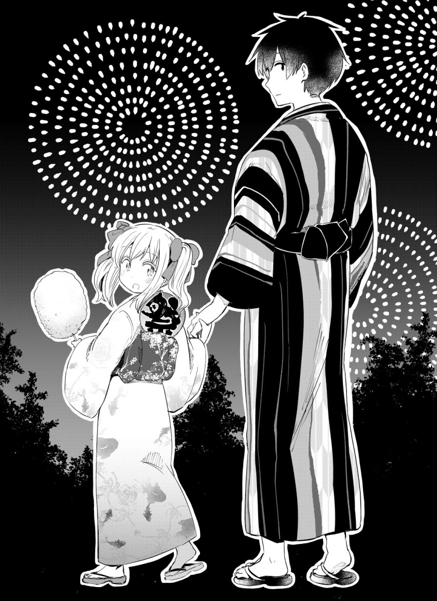 1boy 1girl aerial_fireworks blush child closed_mouth dale_lecky fireworks floral_print greyscale height_difference highres holding holding_hands hota japanese_clothes kimono latina_(uchi_no_musume_no_tame_naraba) long_sleeves looking_at_viewer looking_back medium_hair monochrome obi parted_lips sandals sash summer_festival twintails uchi_no_musume_no_tame_naraba_ore_wa_moshikashitara_maou_mo_taoseru_kamo_shirenai. wide_sleeves yukata