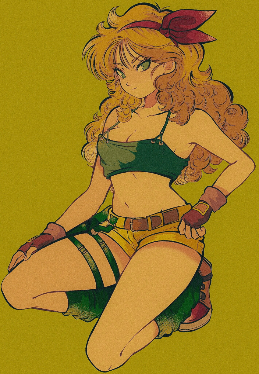 1girl blonde_hair boots breasts crop_top curly_hair dragon_ball dragon_ball_(classic) fingerless_gloves gloves green_background green_eyes hairband highres holster leg_holster long_hair looking_at_viewer lunch_(dragon_ball) navel one_knee pikurusu short_shorts shorts smile thigh_holster