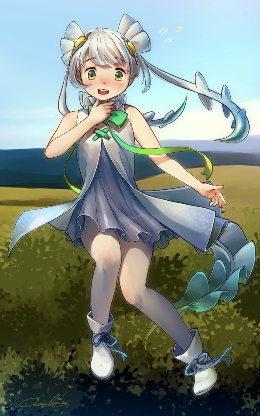 1girl absurdres blue_sky character_request dress eyebrows_visible_through_hair forest full_body green_ribbon highres kemono_friends nature neck_ribbon open_mouth outdoors ribbon scenery shoes silver_hair sky sleeveless sleeveless_dress solo tree twintails upper_teeth welt_(kinsei_koutenkyoku) white_dress white_footwear white_legwear yellow_eyes