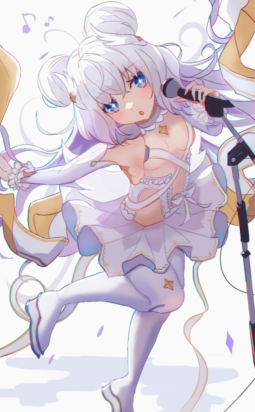 +_+ 1girl ahoge azur_lane blue_eyes blush breasts double_bun eighth_note highres holding holding_microphone le_malin_(azur_lane) le_malin_(muse)_(azur_lane) long_hair looking_at_viewer microphone musical_note official_alternate_costume open_mouth panipo pantyhose small_breasts solo tutu very_long_hair white_background white_footwear white_hair white_legwear wing_hair_ornament