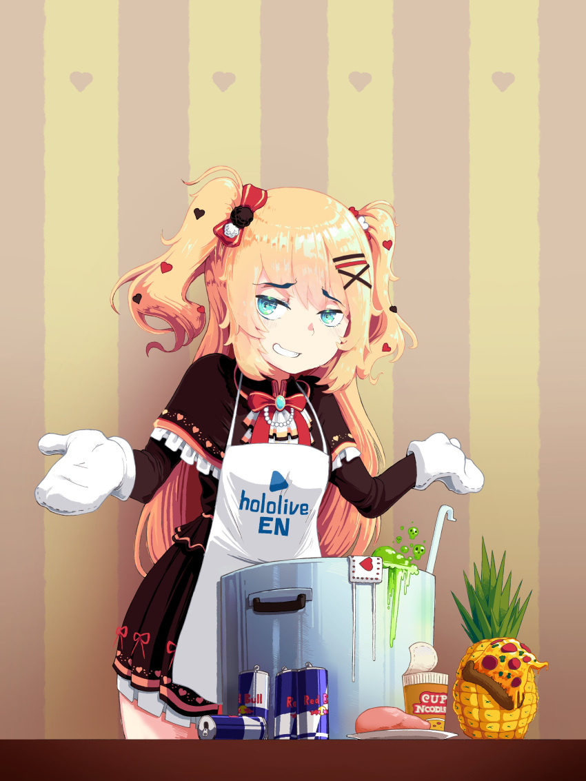 1girl absurdres akai_haato apron aqua_hair bangs blonde_hair bow bowtie can commentary cooking cup_noodle eyebrows_visible_through_hair hair_bow hair_ornament hairclip heart heart_hair_ornament highres hololive indoors ladle long_hair looking_at_viewer pine_tree pizza_slice pot raw_meat red_bow red_bull red_neckwear rei_magnifico shrugging solo tree two_side_up virtual_youtuber w_arms white_apron