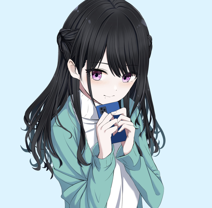 1girl alternate_hairstyle bangs black_hair braid cellphone commentary_request dot_nose eyebrows_visible_through_hair french_braid highres idolmaster idolmaster_shiny_colors jacket kazano_hiori long_hair mole mole_under_mouth pale_skin phone ryouta_(ryouta335) smartphone sweater turtleneck turtleneck_sweater violet_eyes
