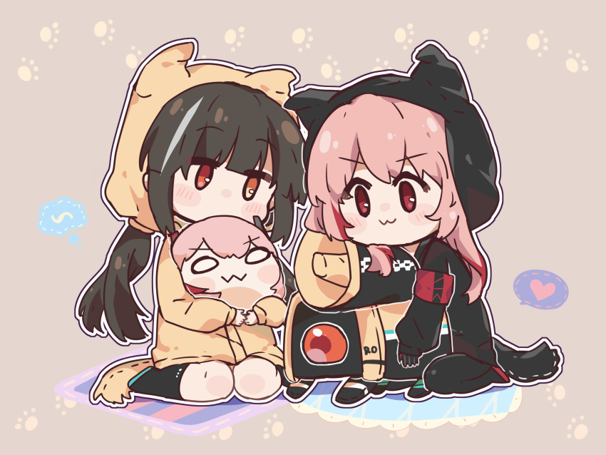 2girls :3 absurdres animal_ears animal_hood armband bangs black_gloves black_hair black_jacket black_legwear blush_stickers brown_background brown_jacket checkered chibi closed_mouth commentary_request dinergate_(girls_frontline) dotted_line eyebrows_visible_through_hair fake_animal_ears fake_tail girls_frontline gloves grey_hair heart highres hood hood_up hooded_jacket jacket kneehighs long_hair long_sleeves m4_sopmod_ii_(girls_frontline) multicolored_hair multiple_girls outline pantyhose pink_hair plug_(feng-yushu) puffy_long_sleeves puffy_sleeves red_eyes redhead ribbon_trim ro635_(girls_frontline) robot sitting sleeves_past_wrists spoken_heart streaked_hair tail v-shaped_eyebrows very_long_hair wariza white_outline