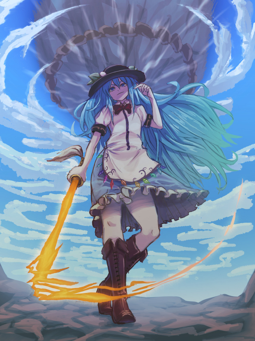 1girl absurdres apron black_headwear blouse blue_hair blue_skirt boots bow brown_footwear buttons cross-laced_footwear flaming_sword flaming_weapon food frills fruit hat highres hinanawi_tenshi kaden_(muxt8423) knee_boots lace-up_boots leaf long_hair looking_at_viewer neck_ribbon peach puffy_short_sleeves puffy_sleeves rainbow_order red_bow red_eyes ribbon shirt short_sleeves skirt solo sword sword_of_hisou touhou weapon white_shirt wing_collar
