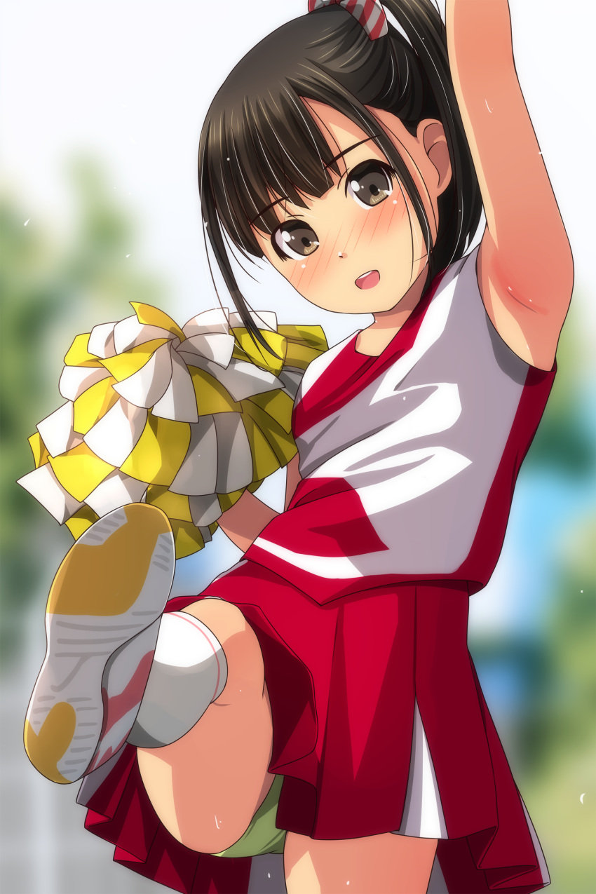 1girl :d absurdres arm_up armband bangs black_hair blurry blurry_background blush bow brown_eyes cheerleader day depth_of_field diagonal_stripes eyebrows_visible_through_hair green_panties hair_bow head_tilt highres kneehighs looking_at_viewer matsunaga_kouyou open_mouth original outdoors panties pleated_skirt pom_poms ponytail red_skirt shirt shoe_soles shoes skirt sleeveless sleeveless_shirt smile solo standing standing_on_one_leg striped striped_bow underwear upper_teeth white_footwear white_legwear white_shirt