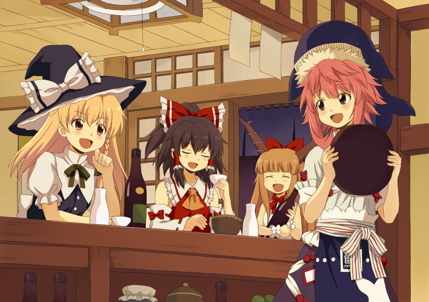 4girls :d apron arm_rest bar black_hair black_headwear black_vest blonde_hair blue_apron blue_skirt bottle bow bowl braid ceiling ceiling_light choko_(cup) closed_eyes cravat cup detached_sleeves elbow_rest fang hair_bow hair_tubes hakurei_reimu hat hat_bow holding holding_bottle holding_cup holding_tray horns ibuki_suika indoors kirisame_marisa long_hair looking_at_another looking_back multiple_girls okunoda_miyoi open_door open_mouth orange_hair pink_hair ponytail puffy_short_sleeves puffy_sleeves red_vest renzaoshen shirt short_hair short_sleeves single_braid sitting skirt sliding_doors smile tokkuri touhou tray vest waist_apron whale_hat white_shirt witch_hat wrist_cuffs yellow_eyes yellow_neckwear