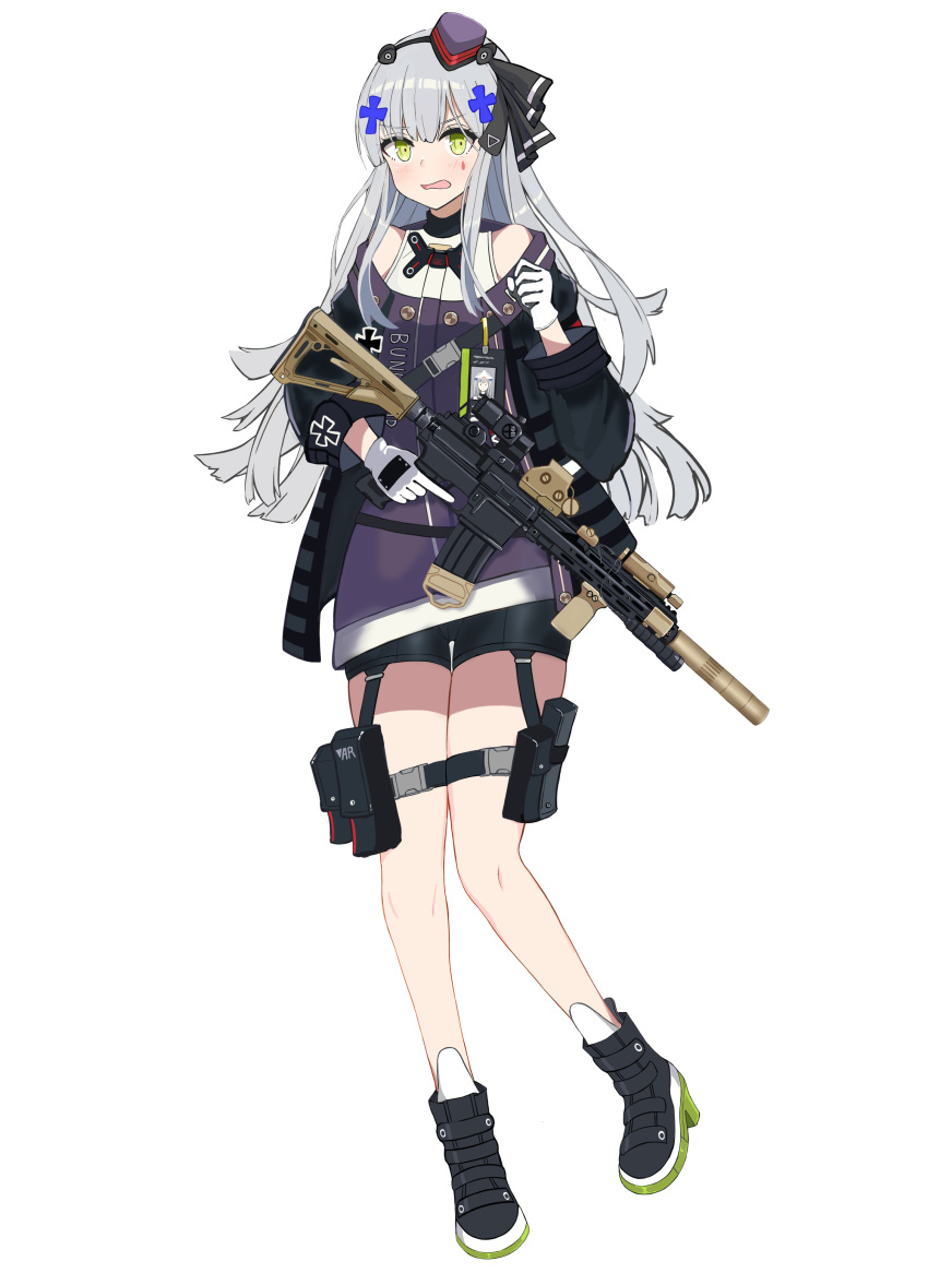 1girl absurdres ankle_boots assault_rifle badge bangs bike_shorts black_coat black_footwear black_ribbon black_shorts blue_dress blue_headwear blush boots carrying coat commentary dress eyebrows_visible_through_hair facial_mark frown full_body girls_frontline gloves green_eyes gun h&amp;k_hk416 hair_ornament hair_ribbon hat highres hk416_(girls_frontline) holding holding_gun holding_weapon id_card koenza_botoke long_hair long_sleeves looking_at_viewer mini_hat namesake no_socks object_on_head open_mouth panties panties_on_head ribbon rifle short_dress shorts silver_hair solo standing standing_on_one_leg teardrop thigh_pouch thigh_strap trigger_discipline underwear weapon white_gloves