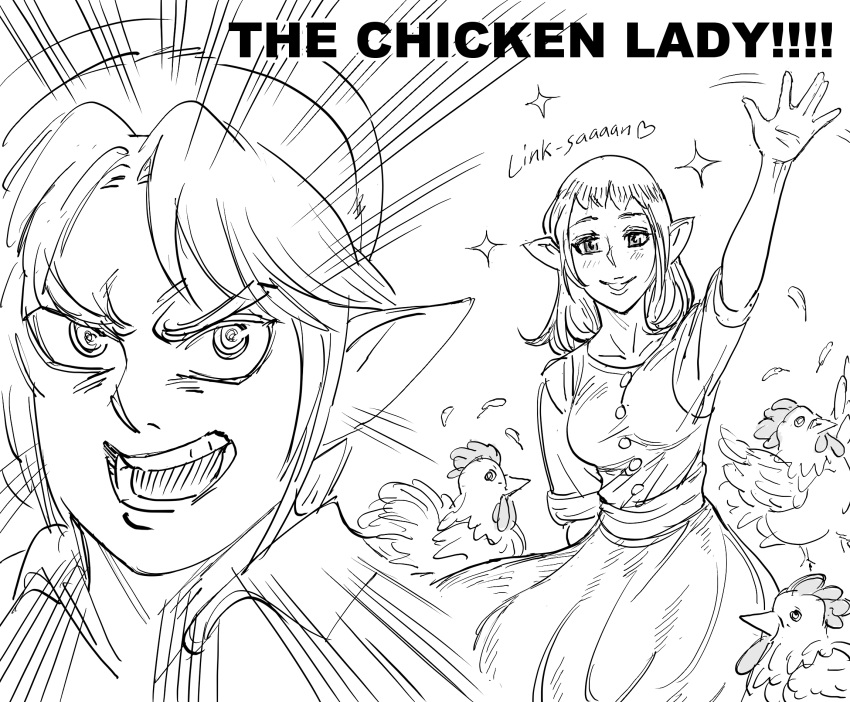 1boy 1girl bb_(baalbuddy) bird blush character_request chicken commentary emphasis_lines english_commentary english_text feathers greyscale hand_up highres link looking_at_viewer monochrome open_mouth pointy_ears ringed_eyes simple_background smile sparkle the_legend_of_zelda waving white_background wide-eyed