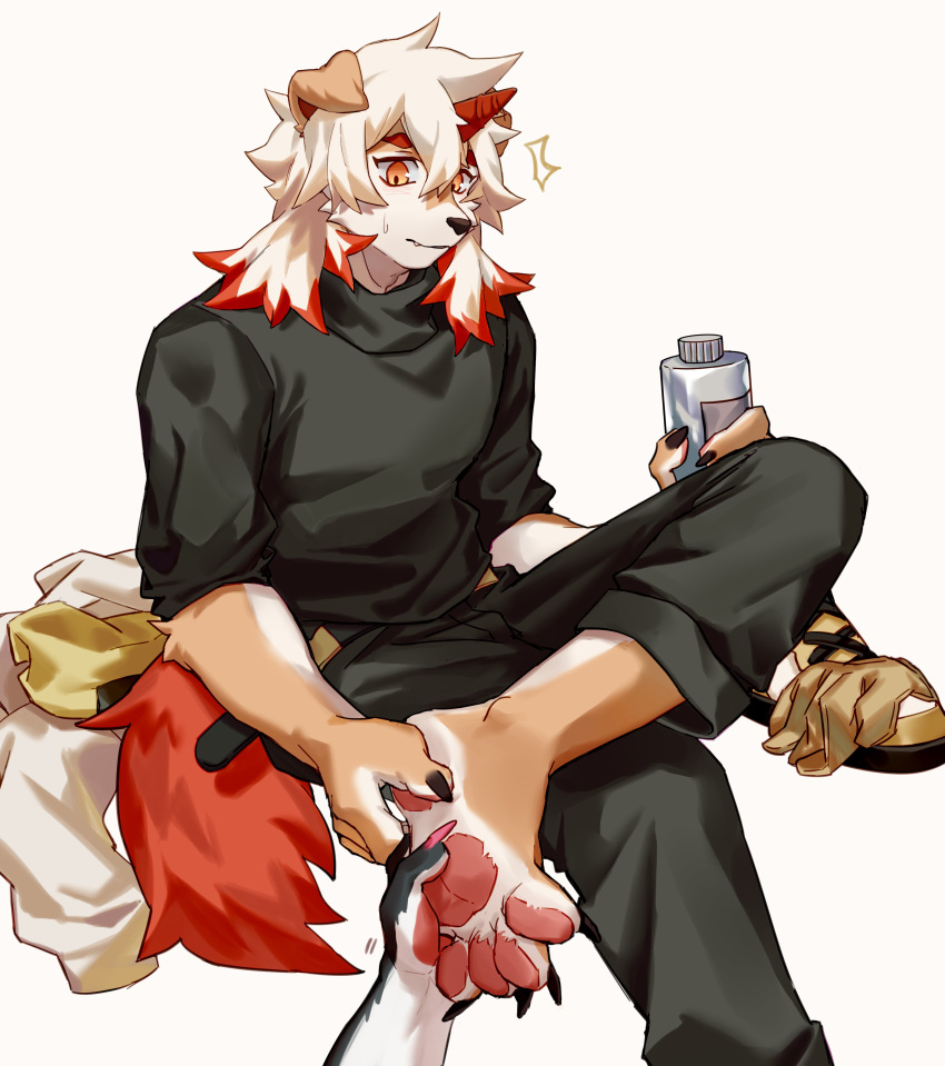 1boy 1other ? absurdres alternate_costume animal_ears arknights bangs black_pants black_shirt black_tank_top brown_fur casual dog_boy dog_ears dog_tail fingernails furry highres horns hung_(arknights) kitai_su leg_grab leg_up male_focus medium_hair multicolored_hair orange_eyes orange_hair pants pectorals sharp_fingernails sharp_toenails shirt single_horn spoken_question_mark streaked_hair surprised tail tank_top toenails two-tone_fur white_fur white_hair