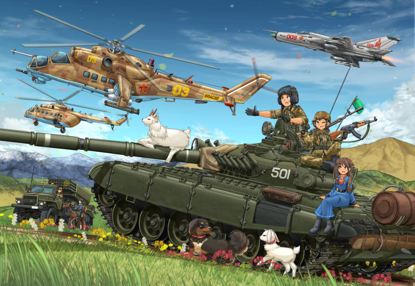 1boy 2girls aircraft airplane akm assault_rifle bangs black_footwear black_gloves black_hair black_headwear blue_dress blue_sky bm-21 boots braid brown_eyes brown_jacket brown_pants camouflage camouflage_headwear camouflage_jacket camouflage_pants clouds cloudy_sky combat_boots commentary_request cross-laced_footwear cyrillic dachshund dark_skin dark-skinned_female dark_skinned_male day dog dress eyebrows_visible_through_hair fighter_jet flag flower gloves goat goggles goggles_on_headwear grass ground_vehicle gun hair_tie hat helicopter highres holding holding_weapon horse jacket jet leaf long_dress long_sleeves looking_at_another looking_at_viewer mi-24 mi-8 mig-21 mikeran_(mikelan) military military_hat military_uniform military_vehicle mongolian_people's_army motion_blur motor_vehicle mountain multiple_girls multiple_others one_eye_closed open_mouth original outdoors pants partial_commentary patrol_cap pilot reaching_out red_neckwear rifle roundel russian_text sitting sky sleeves_rolled_up smile star_(symbol) sweatdrop t-72 tank tank_helmet tank_top twin_braids twintails uniform weapon