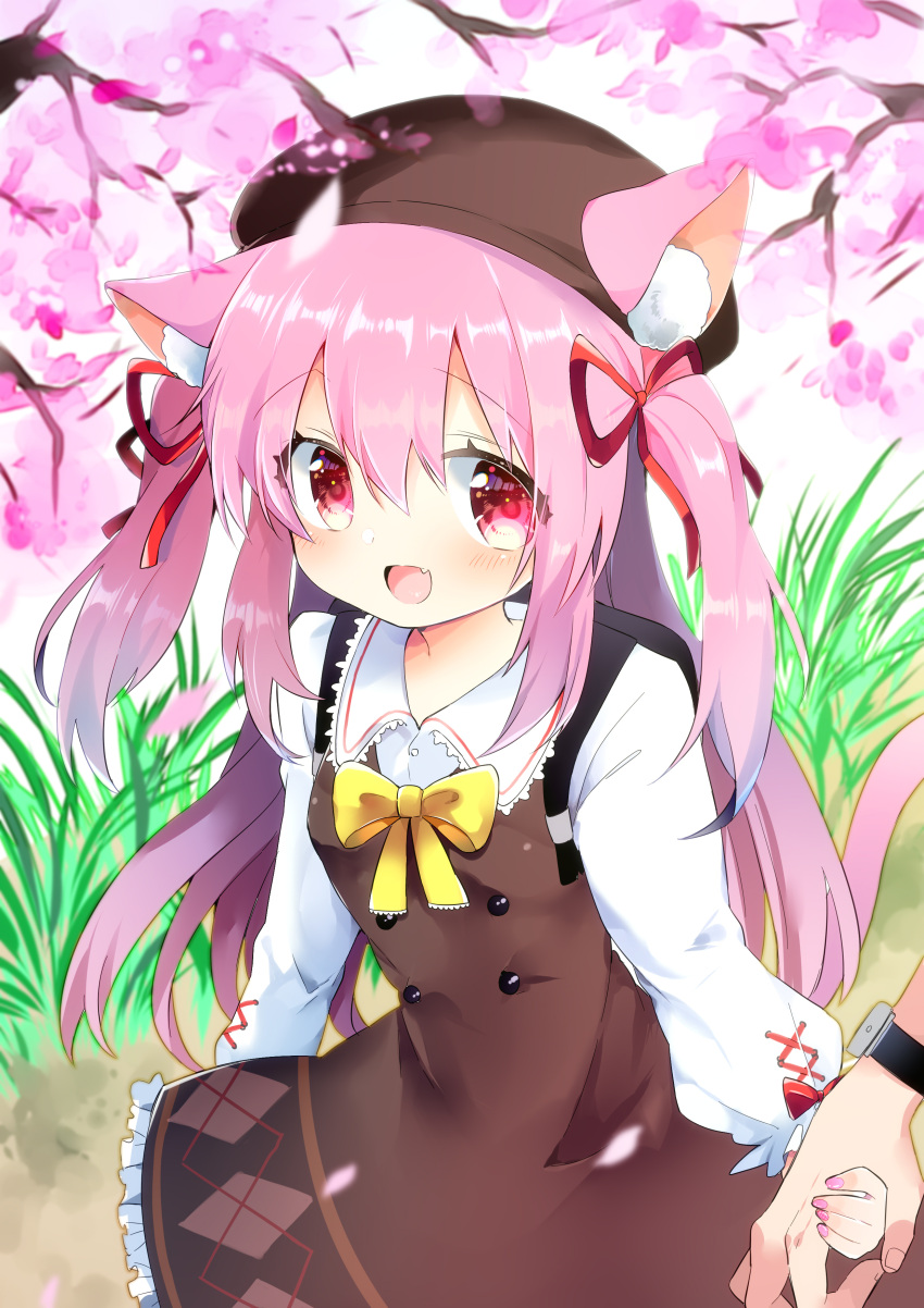 1girl 1other absurdres animal_ear_fluff animal_ears azur_lane brown_dress brown_headwear cat_ears cat_tail cherry_blossoms dress fang flower hat highres holding_hands kisaragi_(azur_lane) long_hair nail_polish open_mouth outdoors petals pink_eyes pink_hair pone ribbon shirt smile tail tree two_side_up watch watch white_shirt