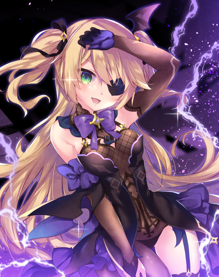 1girl :d arm_up ass_visible_through_thighs bangs bare_shoulders black_bow black_leotard blonde_hair blush bow breasts brown_legwear brown_sleeves commentary_request detached_sleeves eyebrows_visible_through_hair eyepatch fischl_(genshin_impact) garter_straps genshin_impact gloves green_eyes hair_between_eyes hair_bow highres leotard long_hair long_sleeves looking_at_viewer nanamomo_rio open_mouth purple_bow purple_gloves single_leg_pantyhose single_thighhigh small_breasts smile solo thigh-highs thigh_gap two_side_up very_long_hair