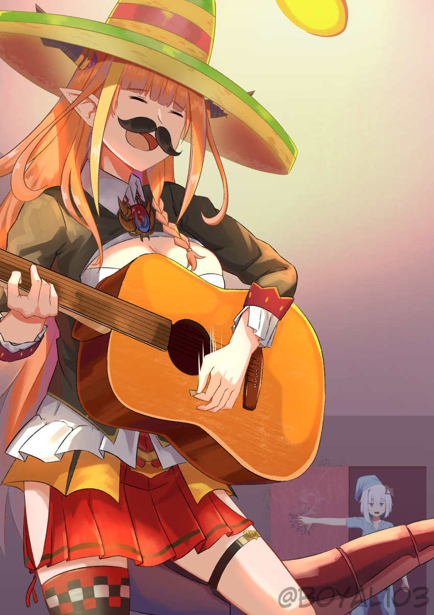 2girls absurdres acoustic_guitar amane_kanata bow boyal closed_eyes diagonal-striped_bow door doorway dragon_girl dragon_horns dragon_tail eyebrows_visible_through_hair fake_facial_hair fake_mustache guitar hat highres hololive horn_bow horns instrument kiryuu_coco long_hair multicolored_hair multiple_girls music nightcap open_mouth orange_hair pajamas pointy_ears short_hair silver_hair singing sombrero tail twitter_username virtual_youtuber