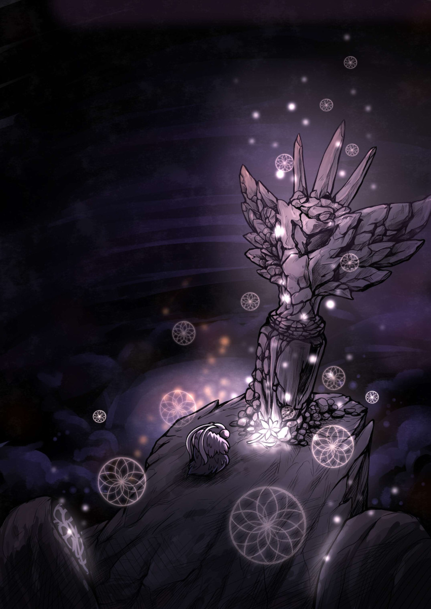 1other absurdres bug cliff dream_catcher flower from_behind glowing grey_cloak highres hollow_knight insect moth no_humans rock seer_(hollow_knight) statue tombstone ugly_cat
